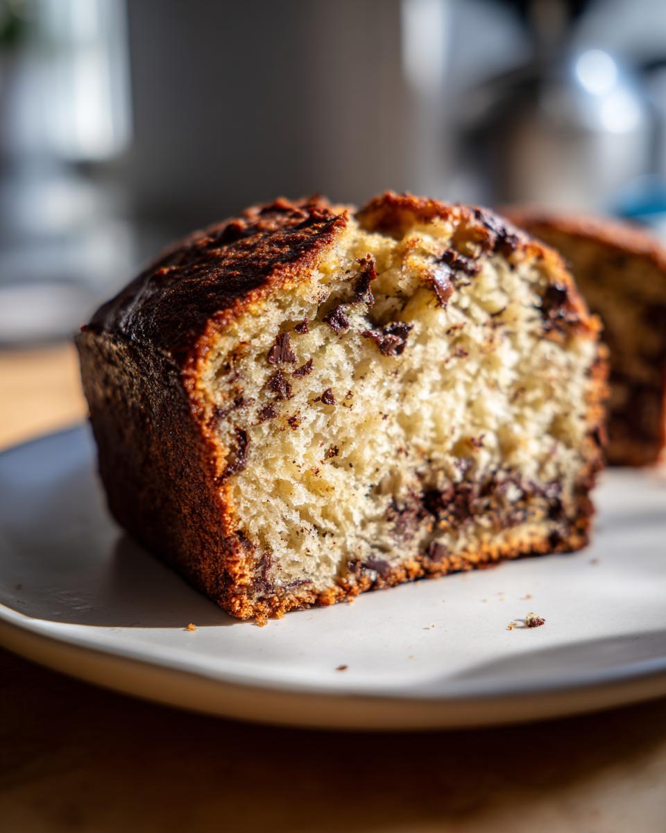 Close-up of a moist slice of sourdough banana bread filled with chocolate chips on a white plate.