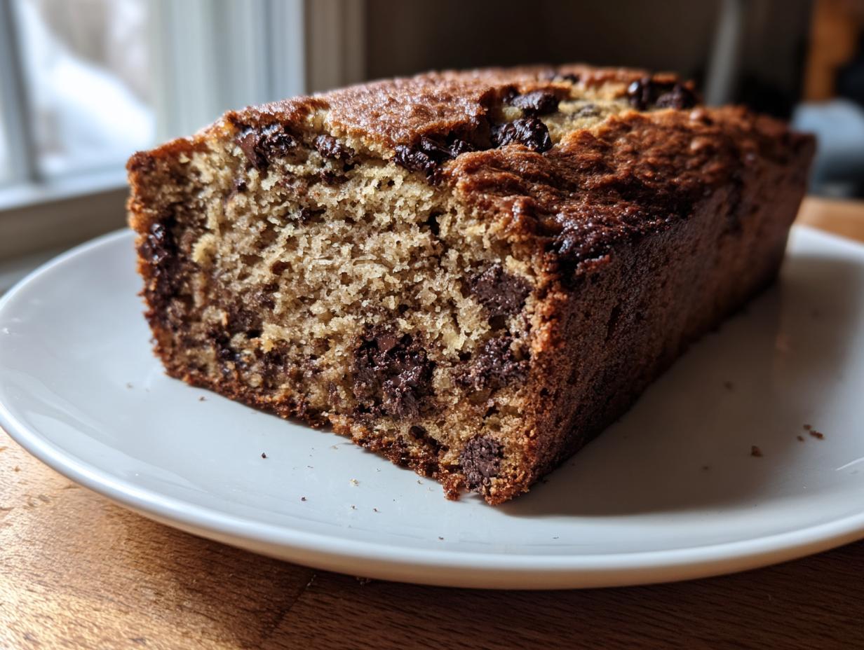 A thick slice of moist sourdough banana bread studded with dark chocolate chips, resting on a white plate.