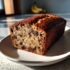 A freshly baked loaf of chocolate chip vegan banana bread resting on a small white plate, catching the sunlight.