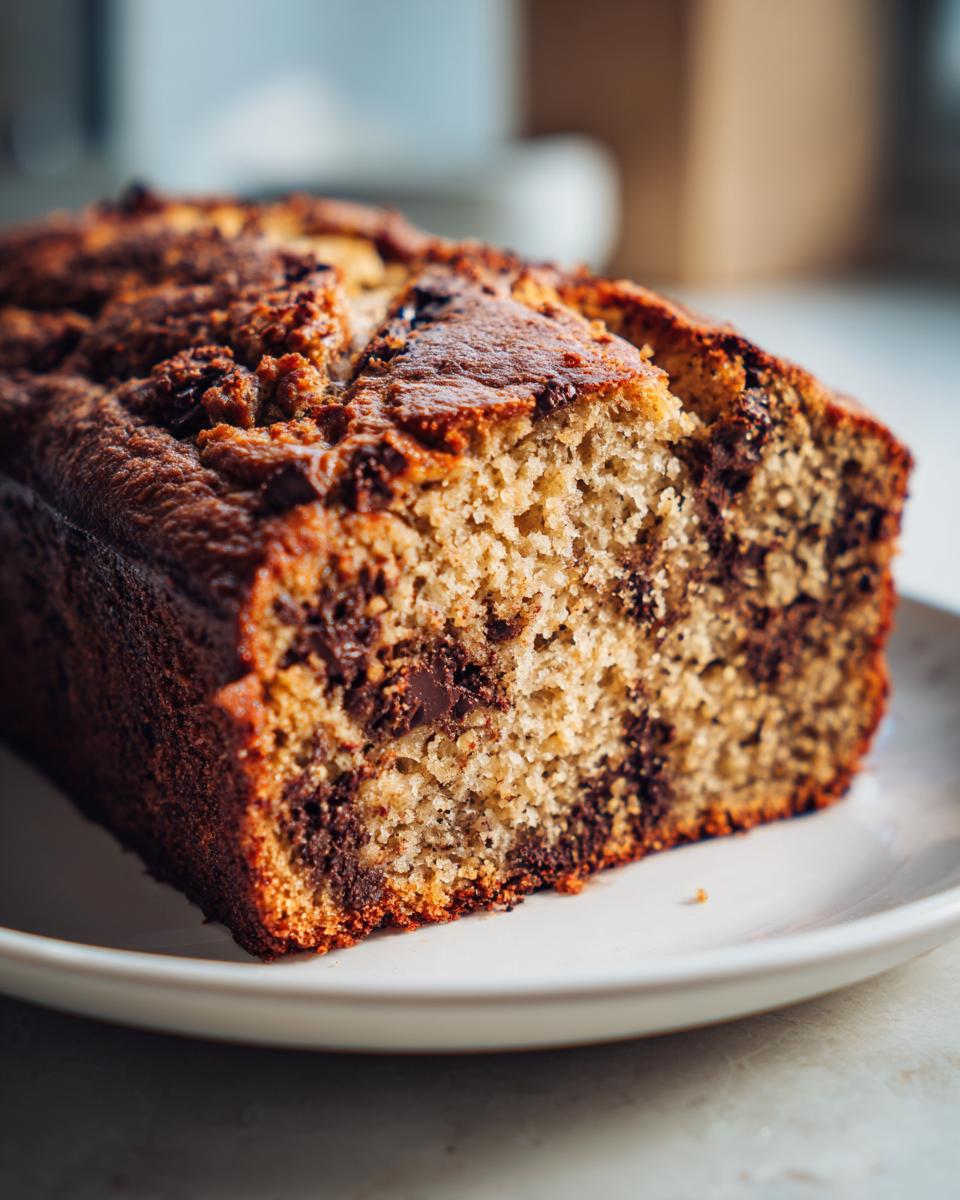 Close-up of a freshly baked slice of vegan banana bread loaded with chocolate chips on a white plate.