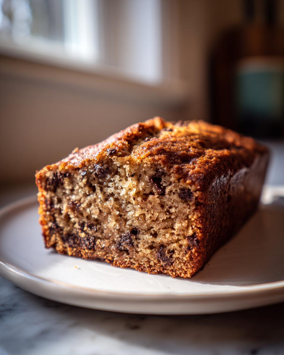 Close-up of a moist slice of chocolate chip vegan banana bread resting on a light-colored plate.