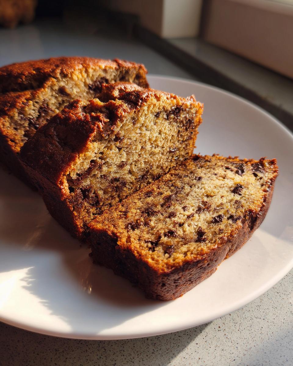 Close-up of thick slices of moist vegan banana bread studded with chocolate chips, served on a white plate in sunlight.
