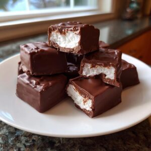 Stack of chocolate-covered squares revealing a fluffy white filling, showcasing the amazing Cool Whip Candy recipe.