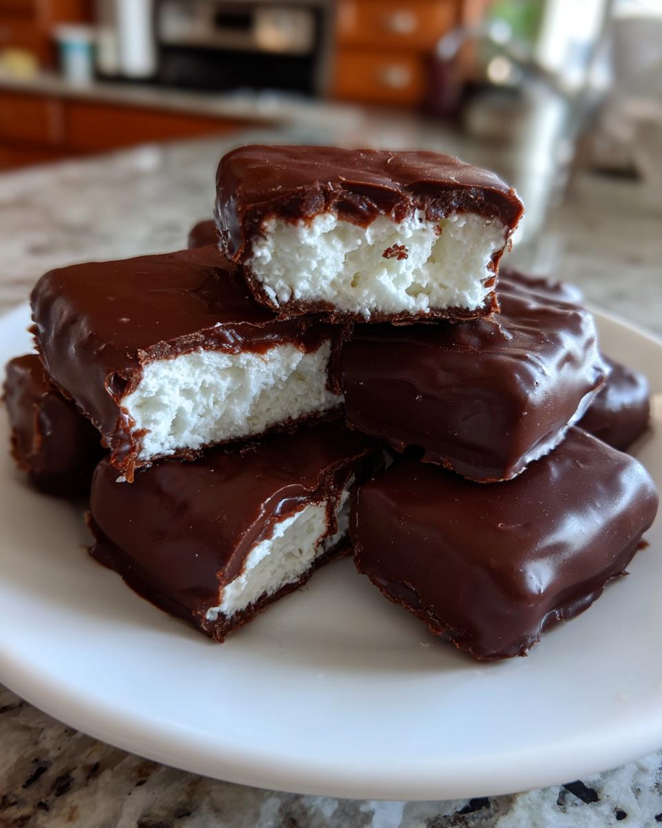 Stack of homemade chocolate covered cool whip candy bars cut in half showing the white filling.