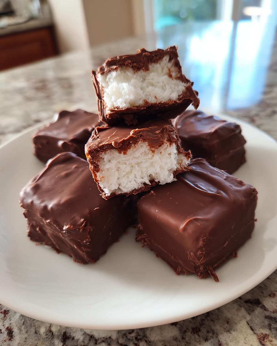 A stack of homemade chocolate-covered squares showing the white, fluffy interior of the cool whip candy.