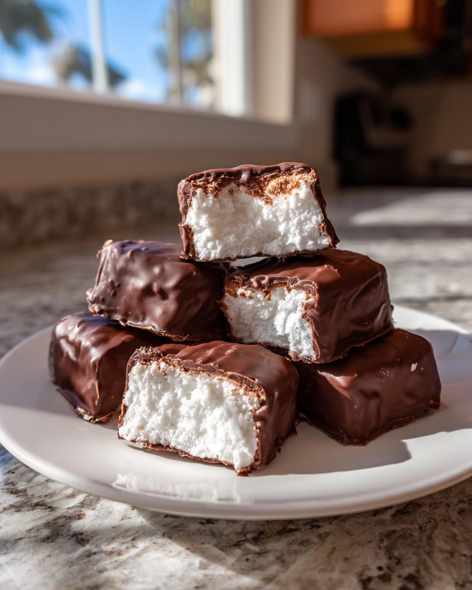 Stack of homemade cool whip candy pieces coated in dark chocolate, with several cut open to show the fluffy white center.