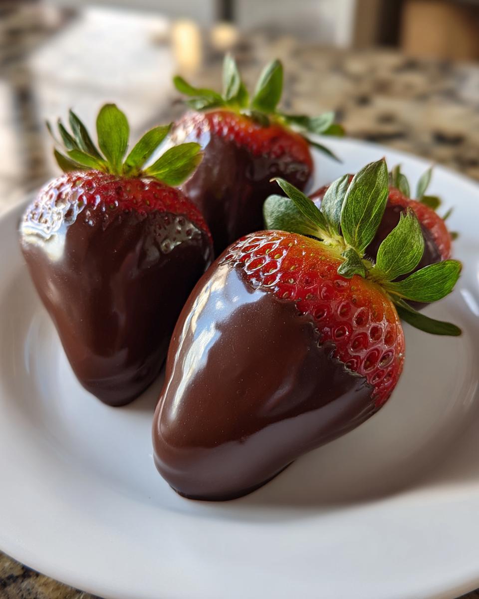 Close-up of three glossy chocolate covered strawberries with bright green tops resting on a white plate.