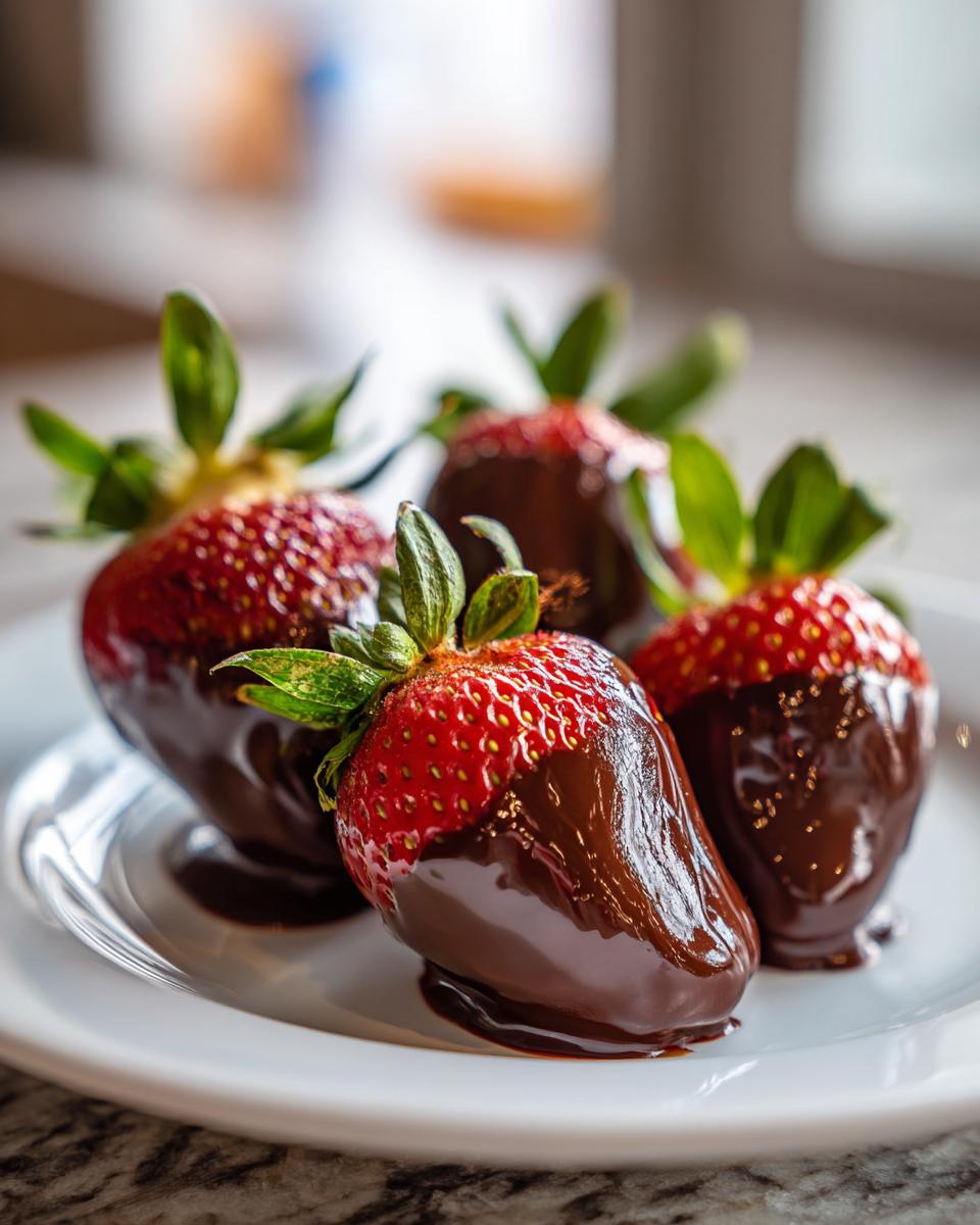 Four fresh chocolate covered strawberries with glossy dark chocolate coating resting on a white plate.