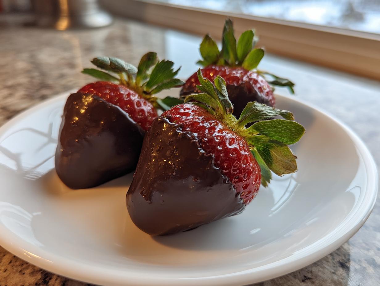 Three fresh chocolate covered strawberries resting on a white plate near a window.