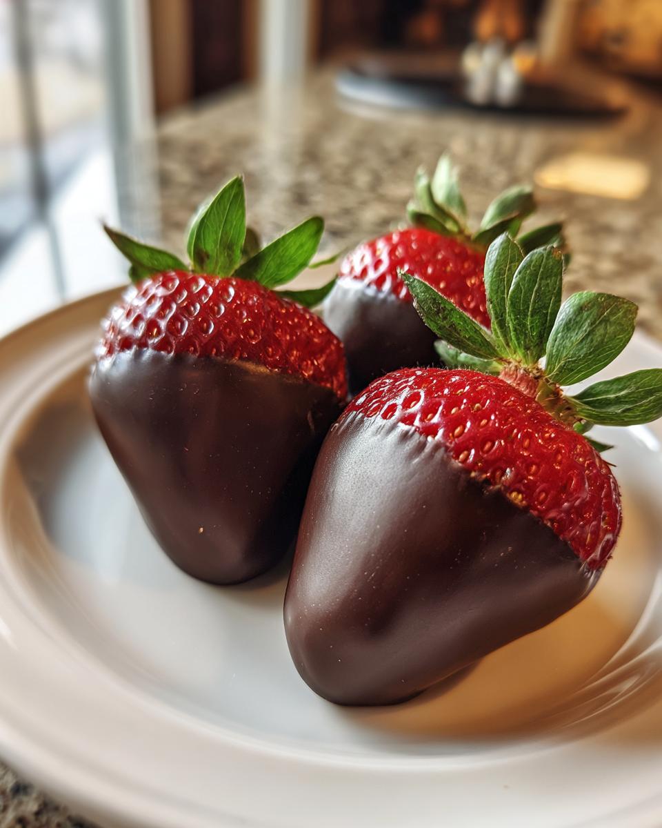 Close-up of three freshly made chocolate covered strawberries with bright green tops resting on a white plate.