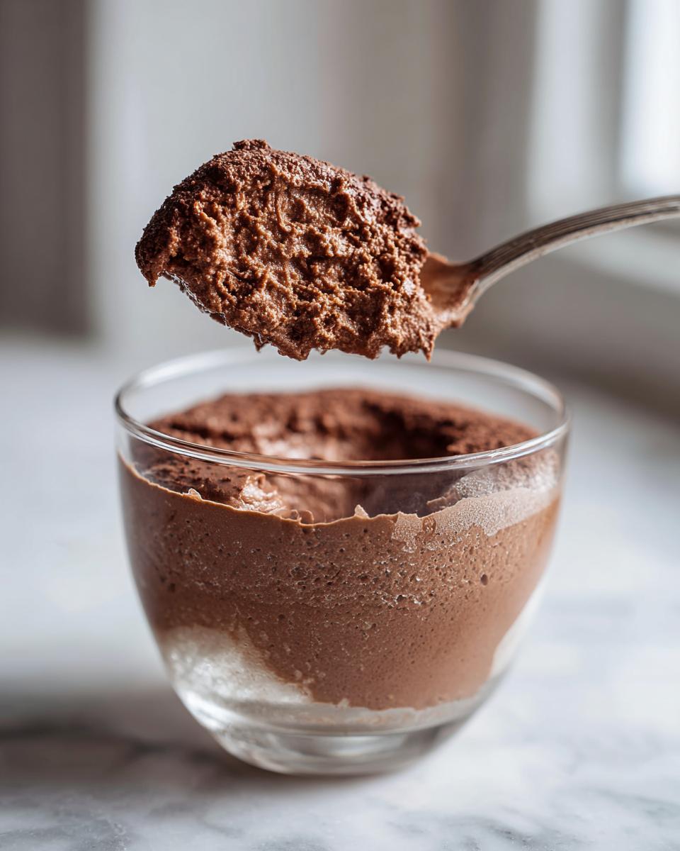 A spoonful of rich, airy chocolate mousse being lifted from a glass serving cup.