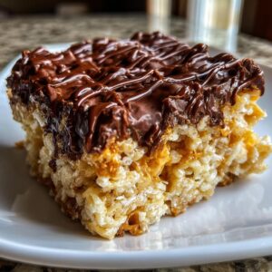 Close-up of a square peanut butter rice krispie treats bar topped with melted, drizzled chocolate.