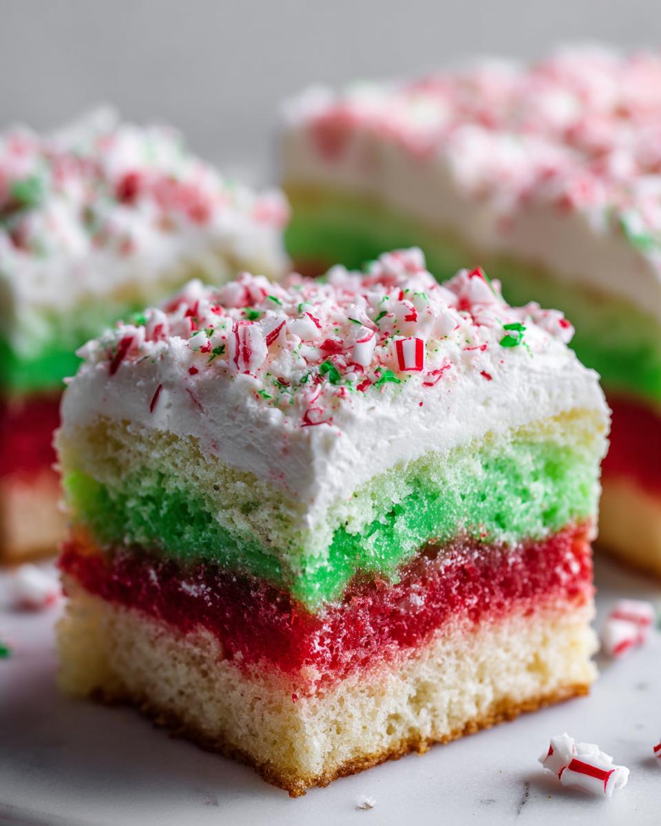 Close-up of a slice of Christmas poke cake showing red and green layers, white frosting, and crushed candy canes.