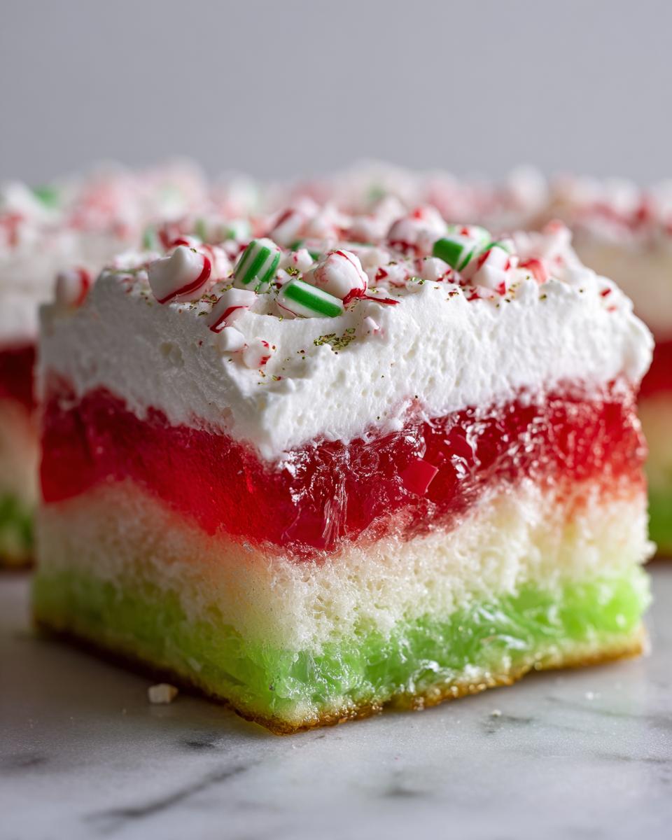 A close-up of a slice of christmas poke cake showing layers of green and white cake, red gelatin, whipped cream, and crushed peppermint candies.