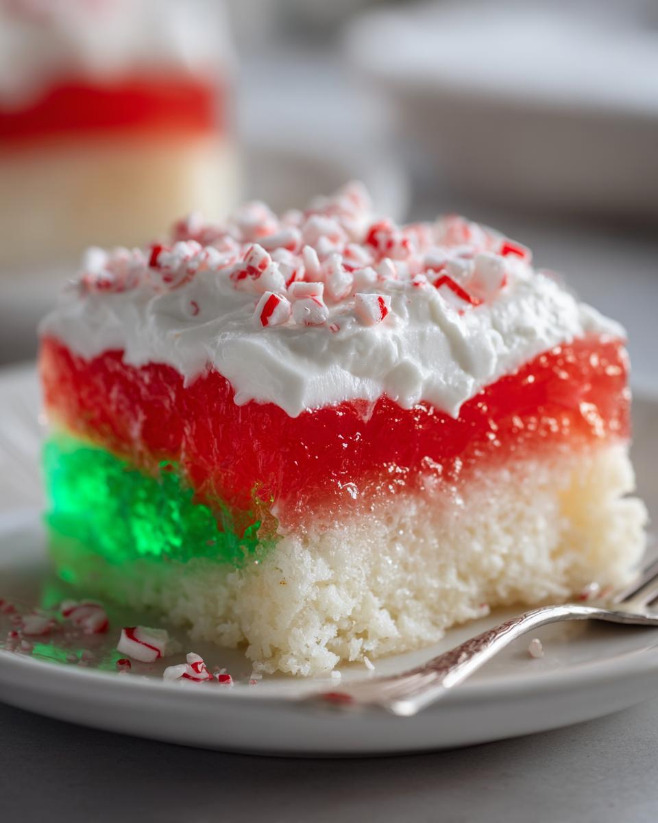 Close-up of a slice of christmas poke cake showing layers of white cake, green and red gelatin, whipped topping, and crushed peppermint.