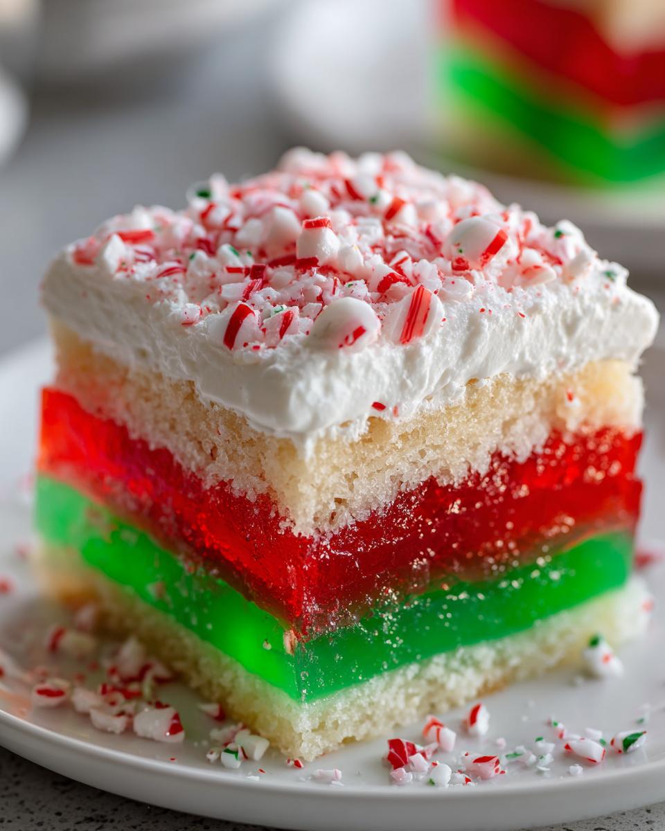 Close-up of a slice of Christmas poke cake showing layers of white cake, red gelatin, green gelatin, and whipped cream topped with crushed peppermint.