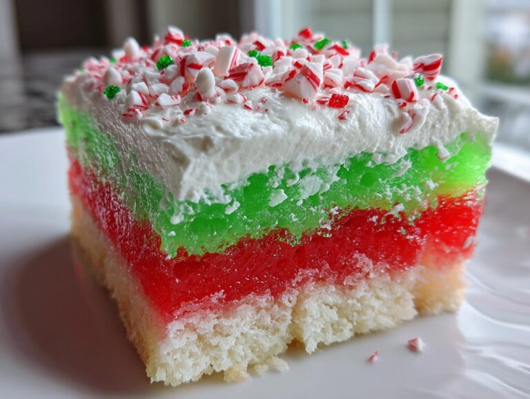 Close-up of a festive slice of christmas poke cake featuring red and green gelatin layers, whipped topping, and crushed candy canes.