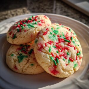Three soft, round christmas sprinkle sugar cookies topped with red and green holiday sprinkles, stacked on a white plate.