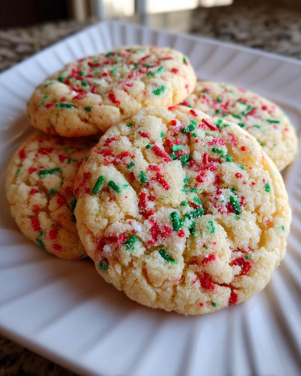 Four soft, round christmas sprinkle sugar cookies topped with red and green sprinkles, resting on a white plate.