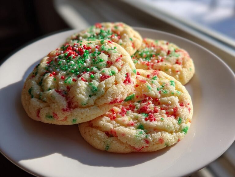 Four soft, round christmas sprinkle sugar cookies topped with red, green, and white sprinkles, resting on a white plate.
