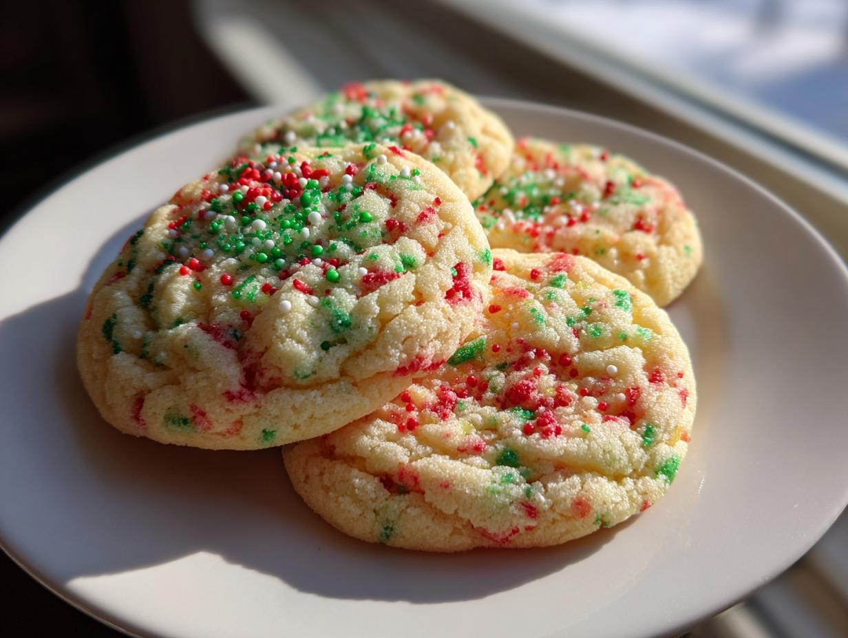 Four soft, round christmas sprinkle sugar cookies topped with red, green, and white sprinkles, resting on a white plate.