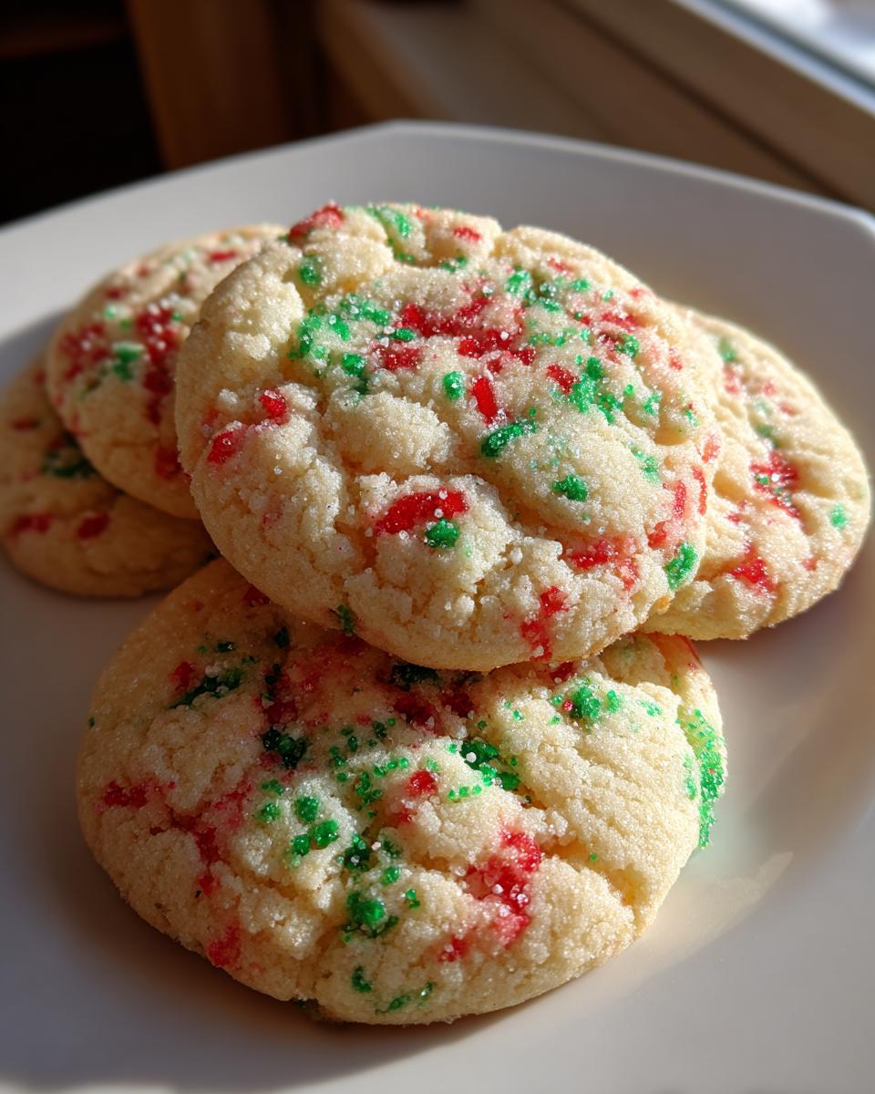 Four soft, round christmas sprinkle sugar cookies topped with red and green sanding sugar, stacked on a white plate.
