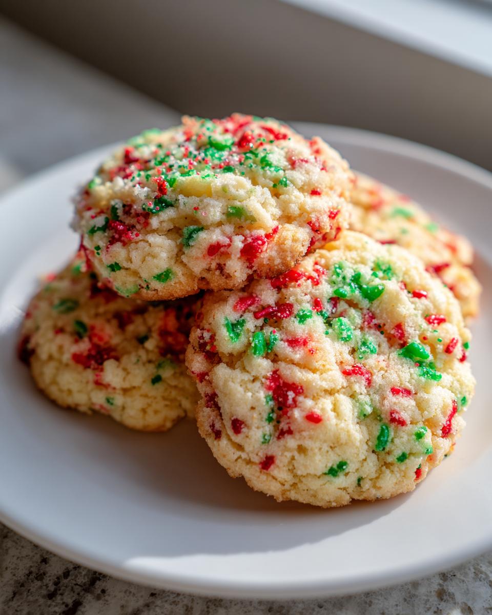 A stack of soft, chewy christmas sprinkle sugar cookies topped with red and green holiday sprinkles.