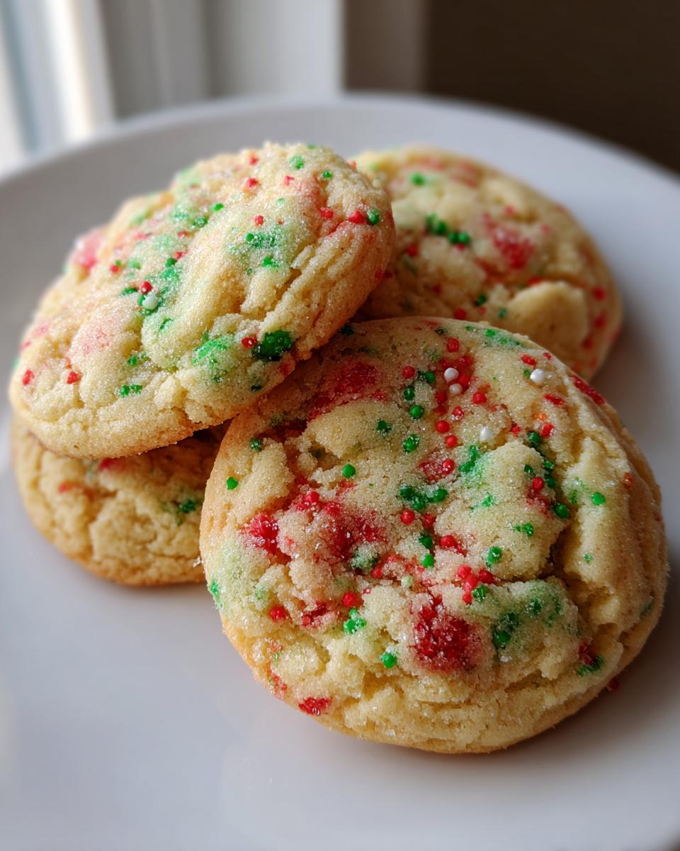 A stack of soft, chewy christmas sprinkle sugar cookies topped with red and green holiday sprinkles.