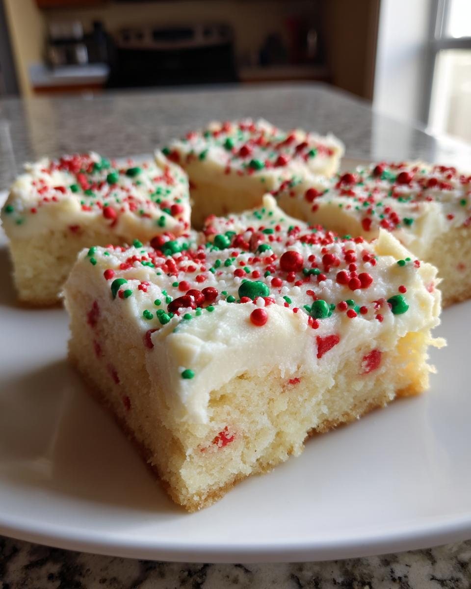 A close-up of several squares of thick Christmas sugar cookie bars topped with white frosting and red and green sprinkles.