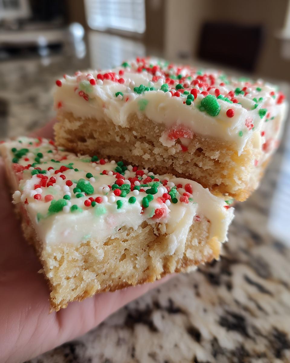 Two stacked pieces of soft christmas sugar cookie bars topped with thick white frosting and red and green sprinkles.