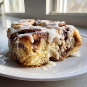 A close-up of a serving of cinnamon roll french toast drenched in white icing, sitting on a white plate.