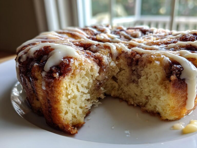 A close-up view showing the soft, fluffy interior of a piece of cinnamon roll french toast topped with white icing.