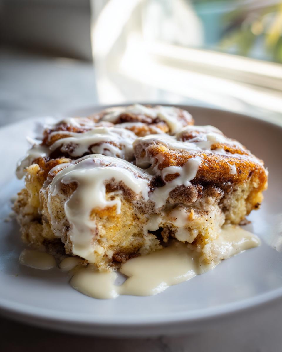Close-up of a serving of moist cinnamon roll french toast drizzled heavily with white icing.