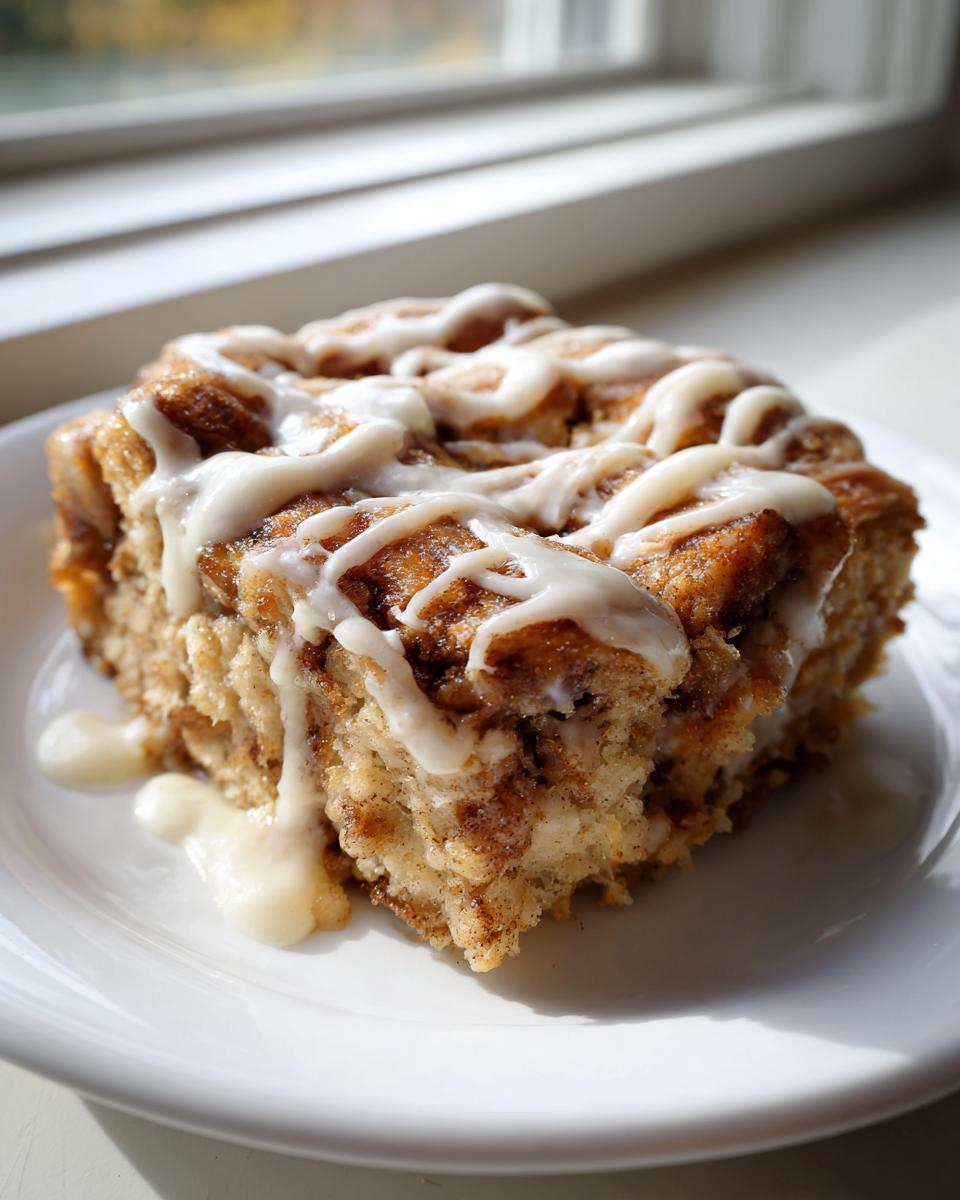 A square serving of cinnamon roll french toast topped with thick white icing, sitting on a white plate.