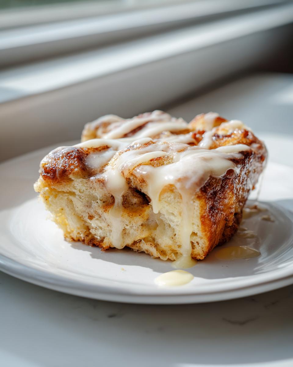 Close-up of a serving of cinnamon roll french toast drizzled heavily with white icing on a white plate.