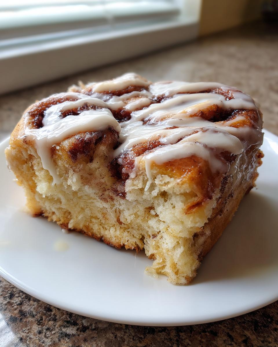 A close-up of a single serving of cinnamon roll french toast, drizzled heavily with white icing.