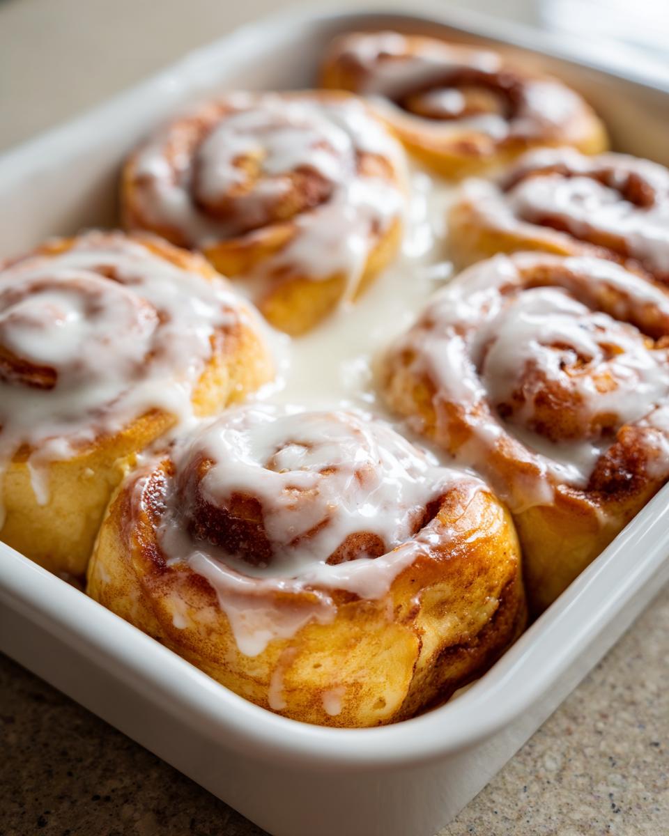 Close-up of several golden brown cinnamon rolls with thick white icing, sitting in a white baking dish, ready to be served.