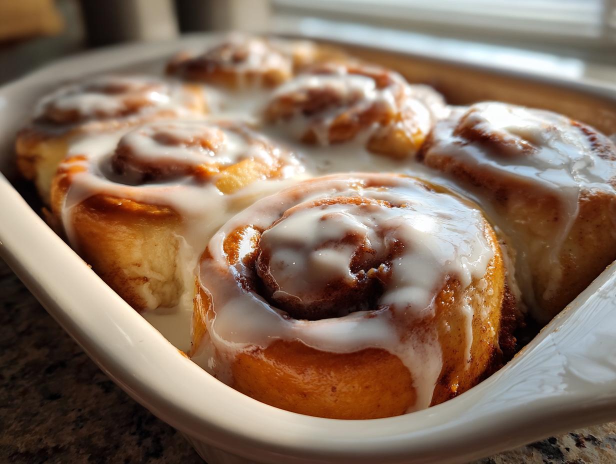 Close-up of warm, gooey cinnamon rolls with heavy cream glaze soaking in a white baking dish.
