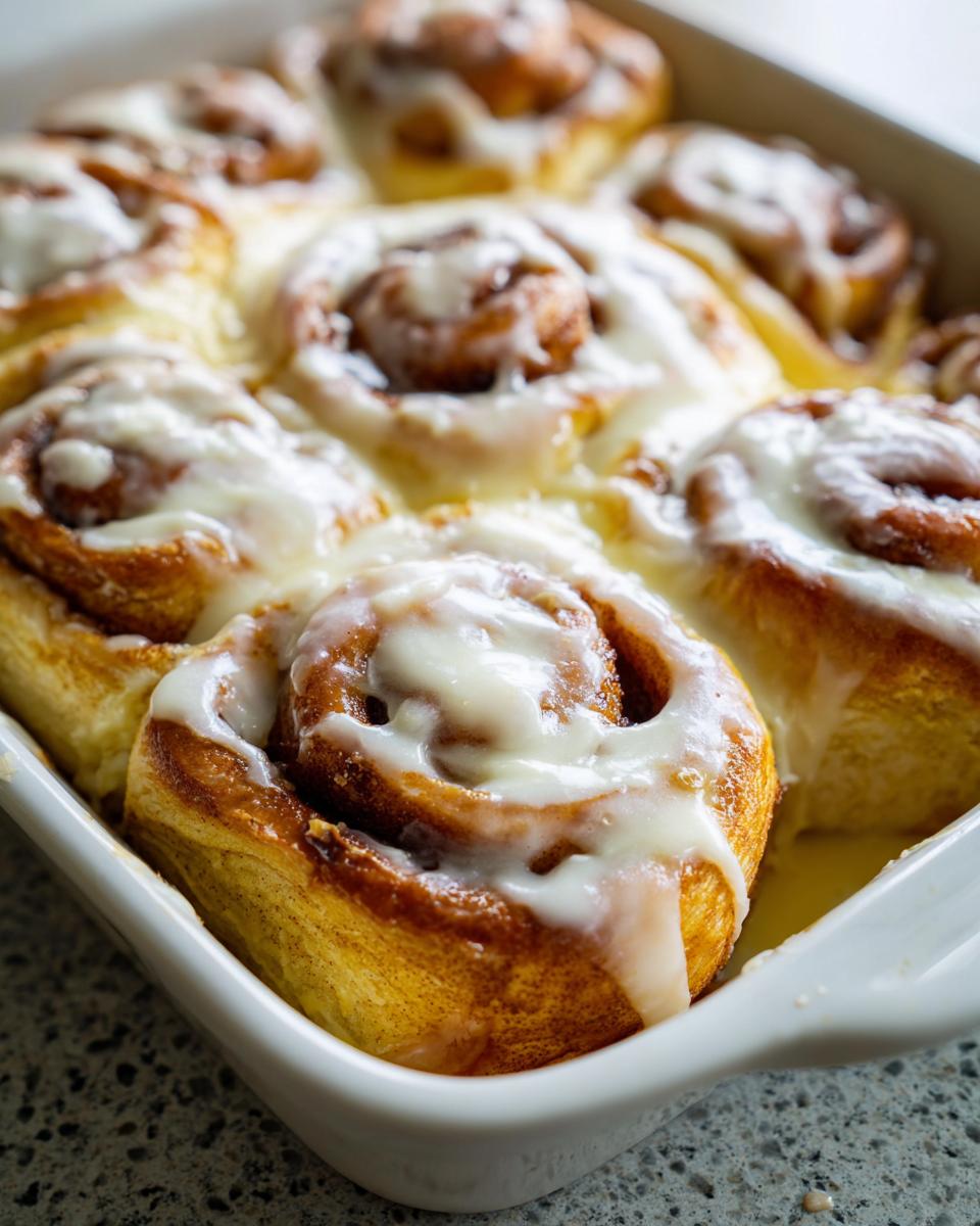 Close-up of gooey, freshly baked cinnamon rolls with heavy cream icing overflowing in a white baking dish.