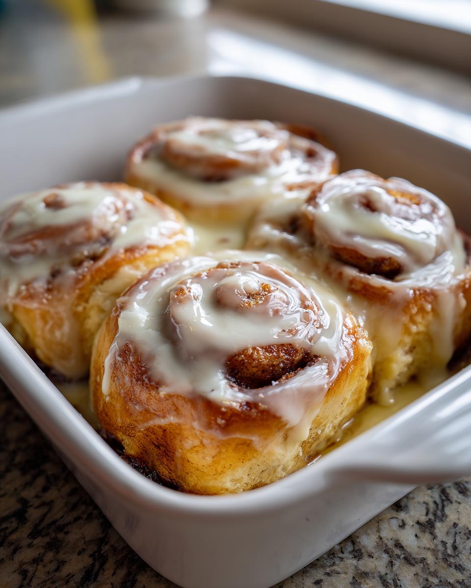 Four freshly baked cinnamon rolls with a thick, white glaze, likely made with heavy cream, sitting in a white baking dish.