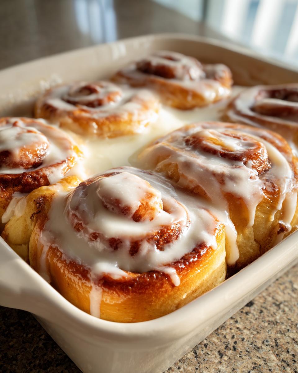 Close-up of freshly baked cinnamon rolls with heavy cream glaze pooling between them.