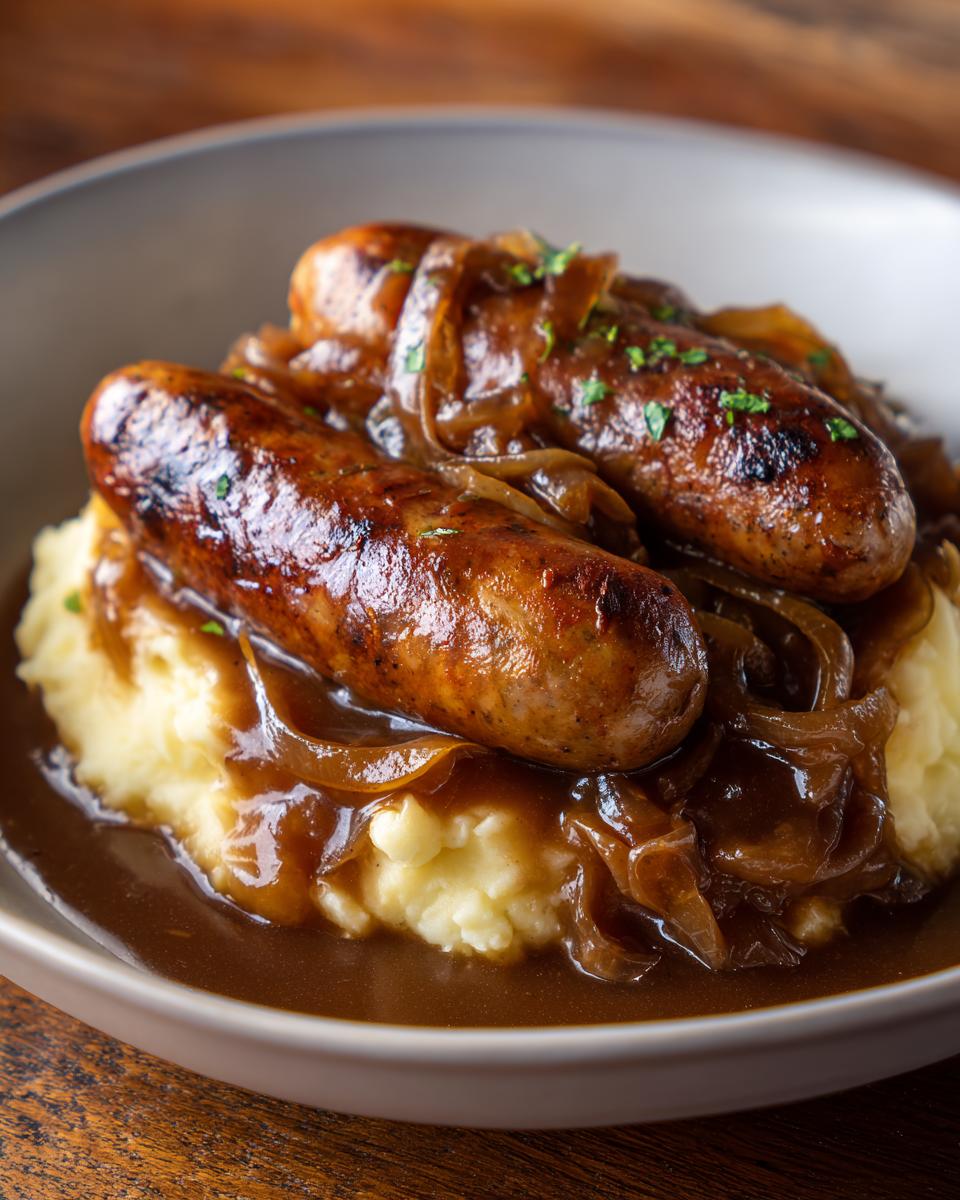 Close-up of classic bangers and mash featuring three browned sausages over creamy mashed potatoes, smothered in onion gravy.