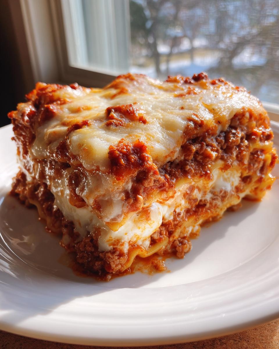 A thick, cheesy slice of homemade classic lasagna with rich meat sauce, served on a white plate.