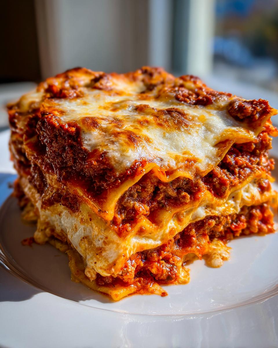 A tall, rich slice of homemade classic lasagna showing layers of pasta, meat sauce, and melted cheese.