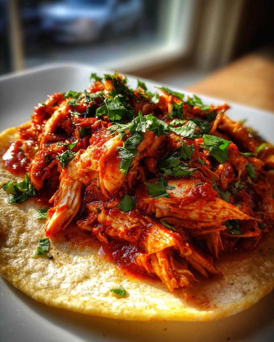 Close-up of shredded chicken tinga in a rich red sauce, topped with fresh cilantro, served on a corn tortilla.