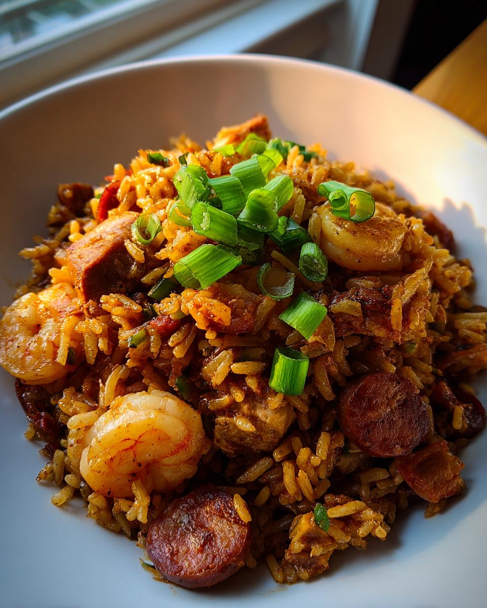 A close-up of a bowl filled with savory jambalaya featuring shrimp, sliced sausage, and topped with fresh green onions.
