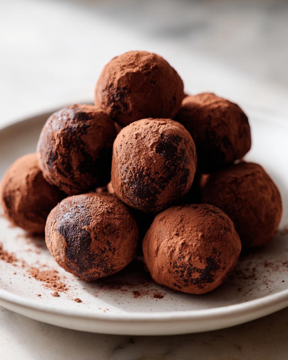 A close-up stack of rich, dark Oreo balls heavily dusted with cocoa powder, resting on a light ceramic plate.