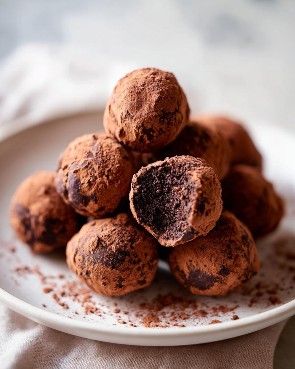 A stack of rich, dark Oreo balls generously dusted with cocoa powder, one is broken open showing the dense center.