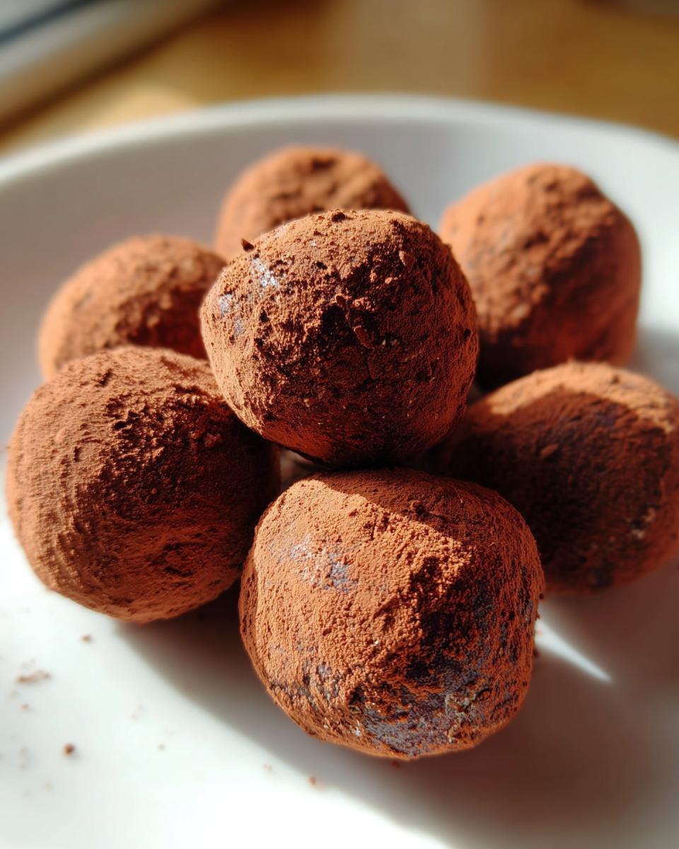 Close-up of several rich, dark Oreo balls heavily dusted with cocoa powder, resting on a white plate.