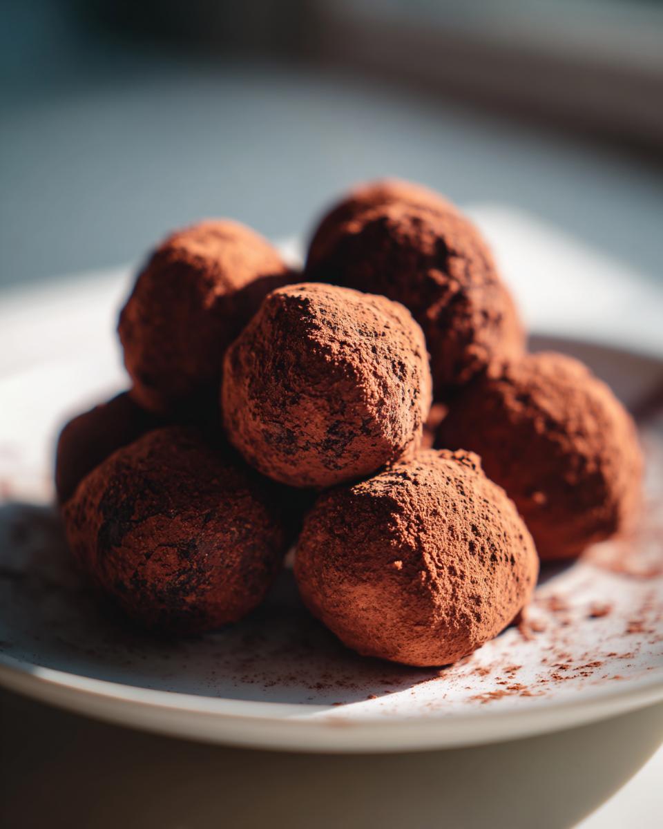 A close-up of several rich, cocoa-dusted Oreo balls piled on a white plate.